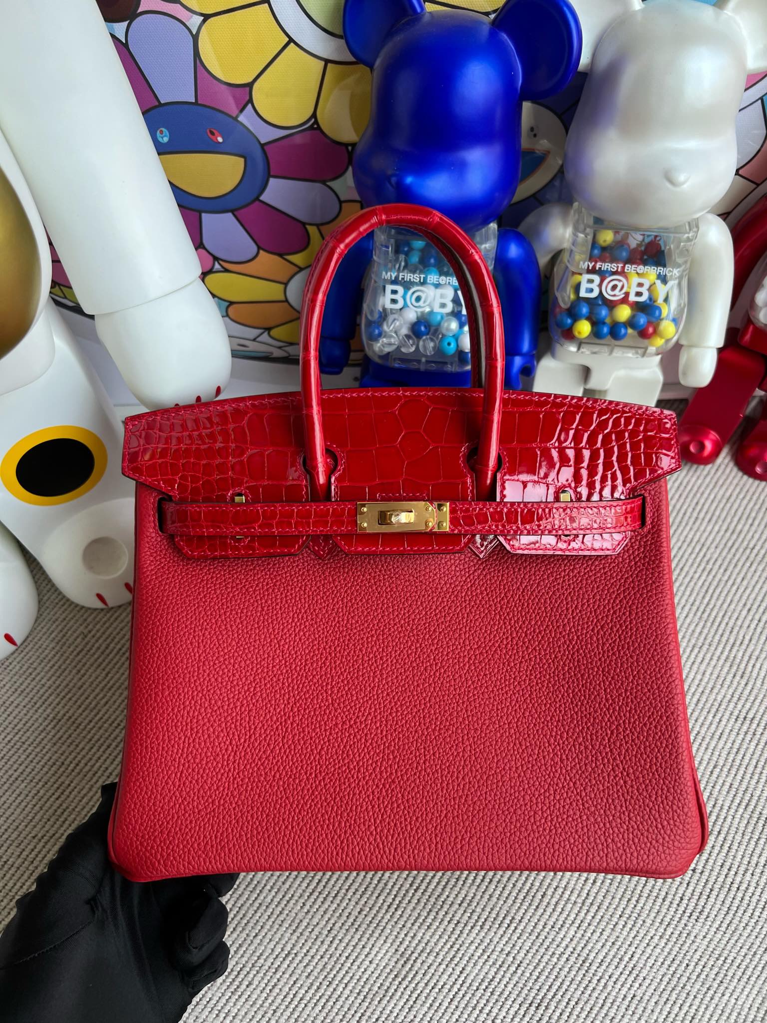 에르메스 버킨백25 플래그레드 금장 악어가죽 핸들